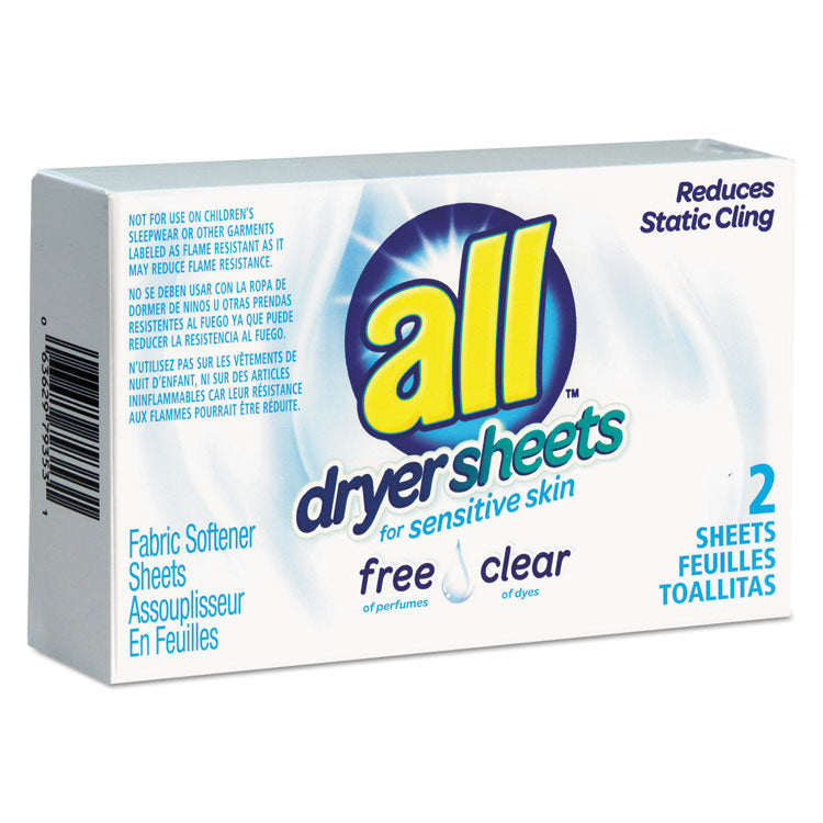 All® Free Clear Vend Pack Dryer Sheets, Fragrance Free, 2 Sheets/Box, 100 Box/Carton (VEN2979353)