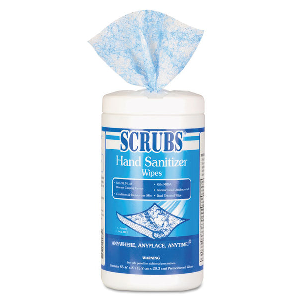 SCRUBS® Hand Sanitizer Wipes, 1-Ply, 6 x 8, Unscented, Blue/White, 85/Canisters, 6 Canisters/Carton (ITW90985) 6 Packs of 85