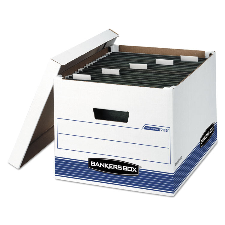 Bankers Box® HANG'N'STOR Medium-Duty Storage Boxes, Letter/Legal Files, 13" x 16" x 10.5", White/Blue, 4/Carton (FEL00785) Carton of 4