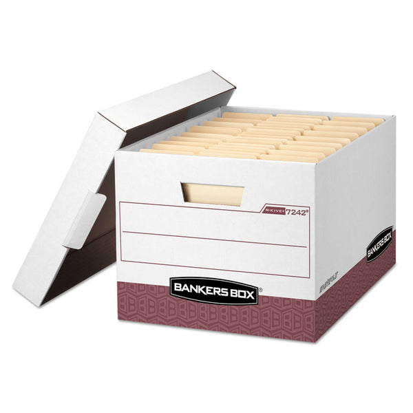 Bankers Box® R-KIVE Heavy-Duty Storage Boxes, Letter/Legal Files, 12.75" x 16.5" x 10.38", White/Red, 12/Carton (FEL07242) Carton of 12