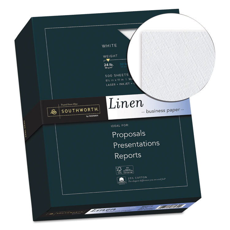 Southworth® 25% Cotton Linen Business Paper, 91 Bright, 24 lb Bond Weight, 8.5 x 11, White, 500/Ream (SOU554C) Each