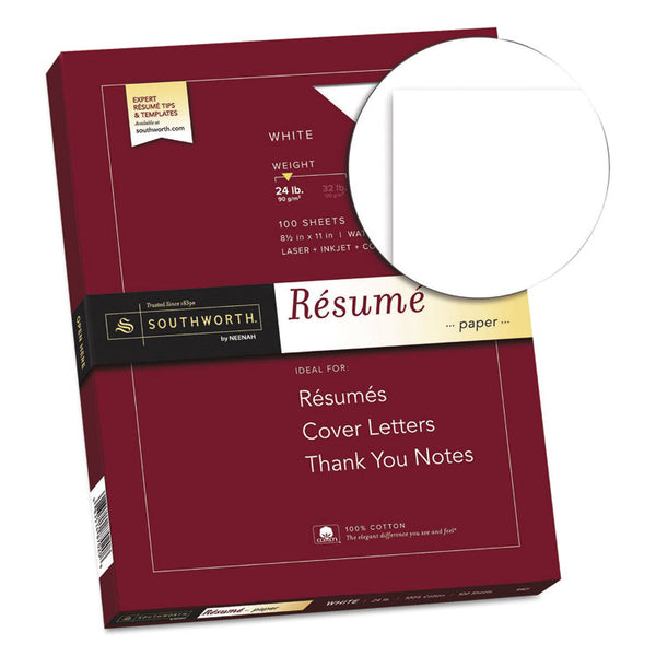 Southworth® 100% Cotton Resume Paper, 95 Bright, 24 lb Bond Weight, 8.5 x 11, White, 100/Pack (SOUR14CF)
