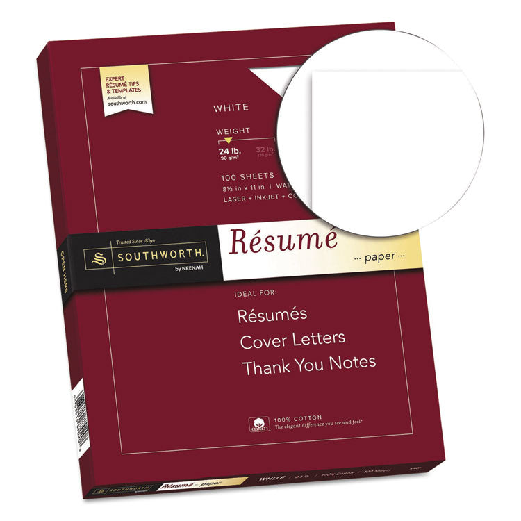 Southworth® 100% Cotton Resume Paper, 95 Bright, 24 lb Bond Weight, 8.5 x 11, White, 100/Pack (SOUR14CF) Each