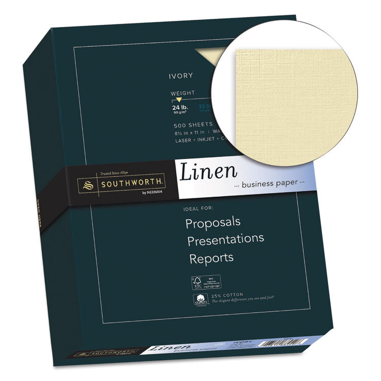 Southworth® 25% Cotton Linen Business Paper, 24 lb Bond Weight, 8.5 x 11, Ivory, 500/Ream (SOU564C) Each