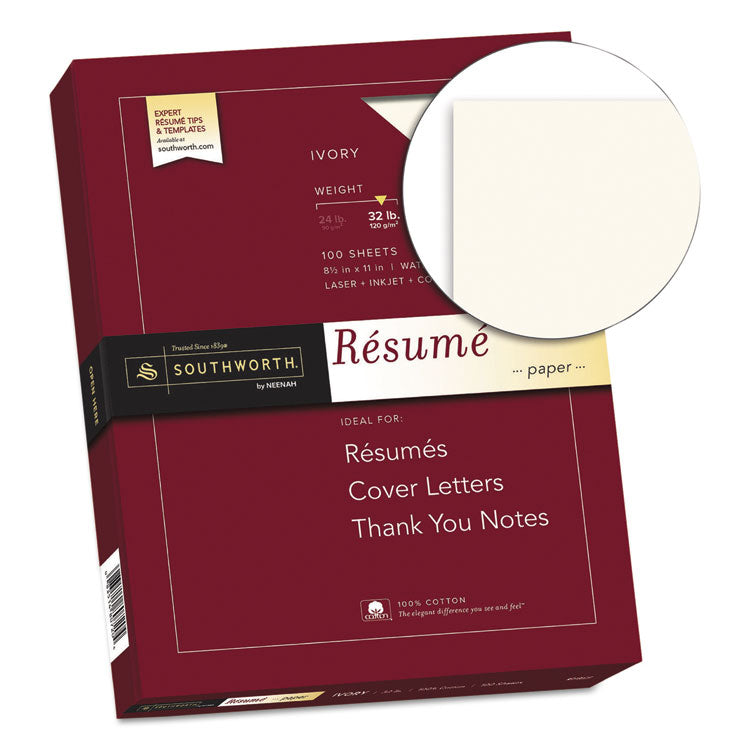 Southworth® 100% Cotton Resume Paper, 32 lb Bond Weight, 8.5 x 11, Ivory, 100/Pack (SOURD18ICF) Each