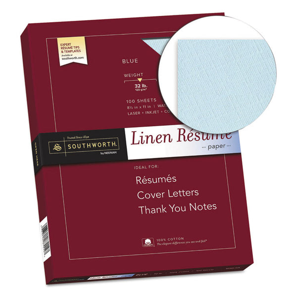 Southworth® 100% Cotton Premium Weight Linen Resume Paper, 32 lb Bond Weight, 8.5 x 11, Blue, 100/Pack (SOURD18BCFLN)