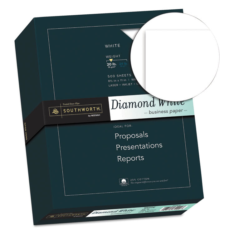 Southworth® 25% Cotton Diamond White Business Paper, 95 Bright, 20 lb Bond Weight, 8.5 x 11, 500/Ream (SOU3122010) Box of 500