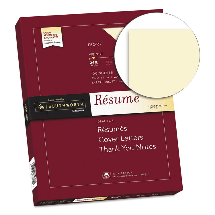 Southworth® 100% Cotton Resume Paper, 24 lb Bond Weight, 8.5 x 11, Ivory, 100/Pack (SOUR14ICF) Each