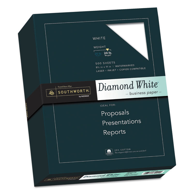 Southworth® 25% Cotton Diamond White Business Paper, 95 Bright, 24 lb Bond Weight, 8.5 x 11, 500/Ream (SOU3122410) Box of 500