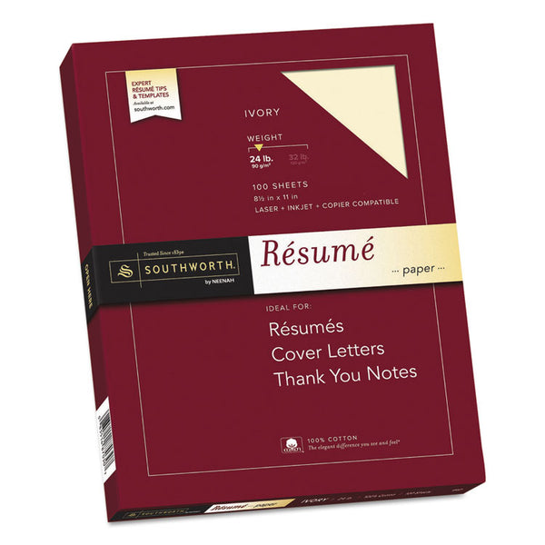 Southworth® 100% Cotton Resume Paper, 24 lb Bond Weight, 8.5 x 11, Ivory, 100/Pack (SOUR14ICF)