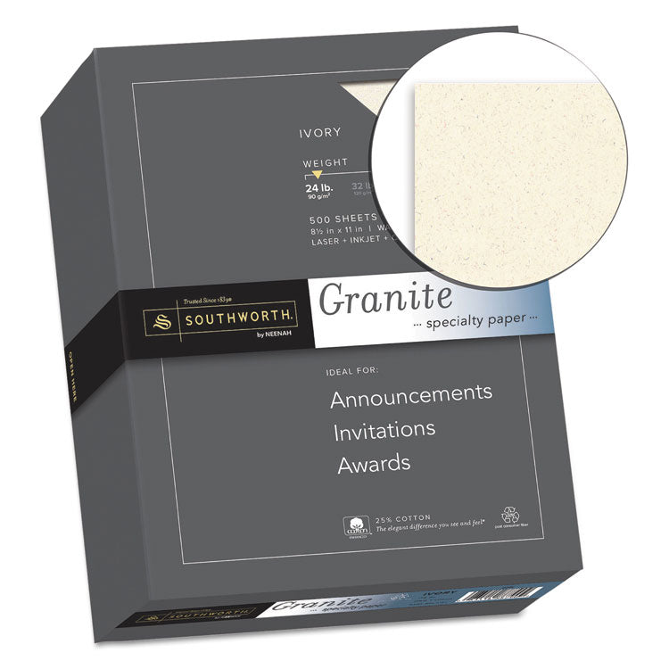 Southworth® Granite Specialty Paper, 24 lb Bond Weight, 8.5 x 11, Ivory, 500/Ream (SOU934C)