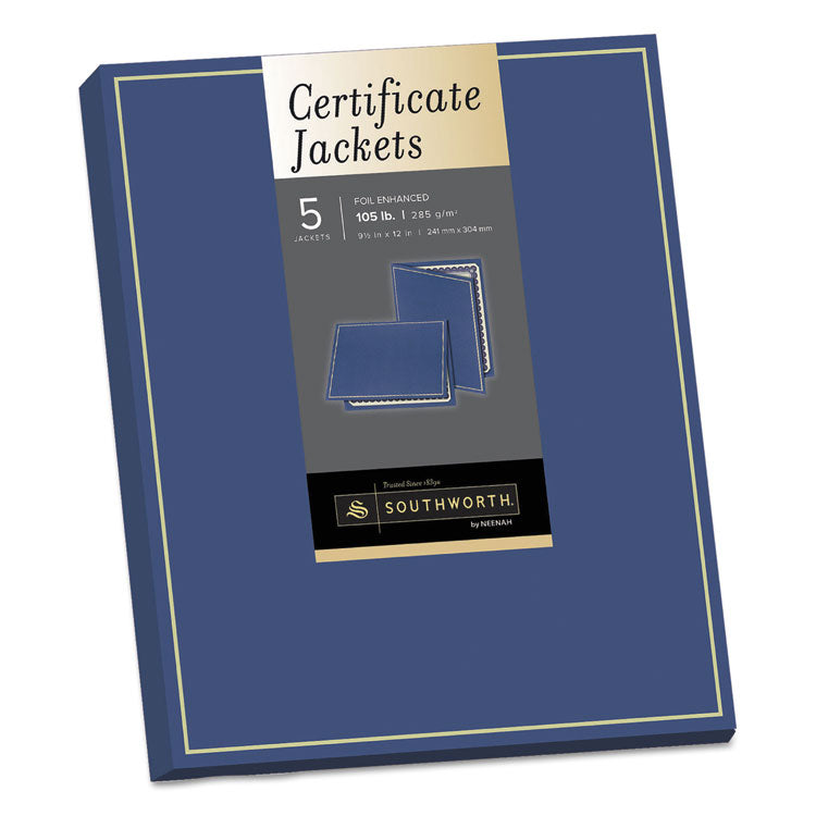 Southworth® Certificate Jacket, Navy/Gold Border, 88-lb Felt Finish Stock, 12 x 9.5, 5/Pack (SOUPF6) Pack of 5