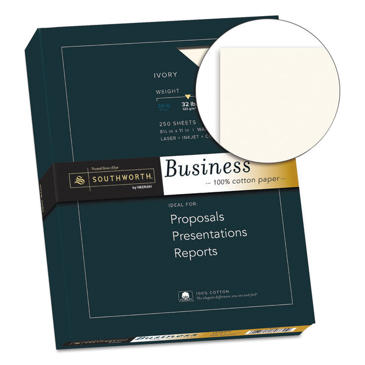 Southworth® 100% Cotton Business Paper, 32 lb Bond Weight, 8.5 x 11, Ivory, 250/Pack (SOUJD18IC) Each