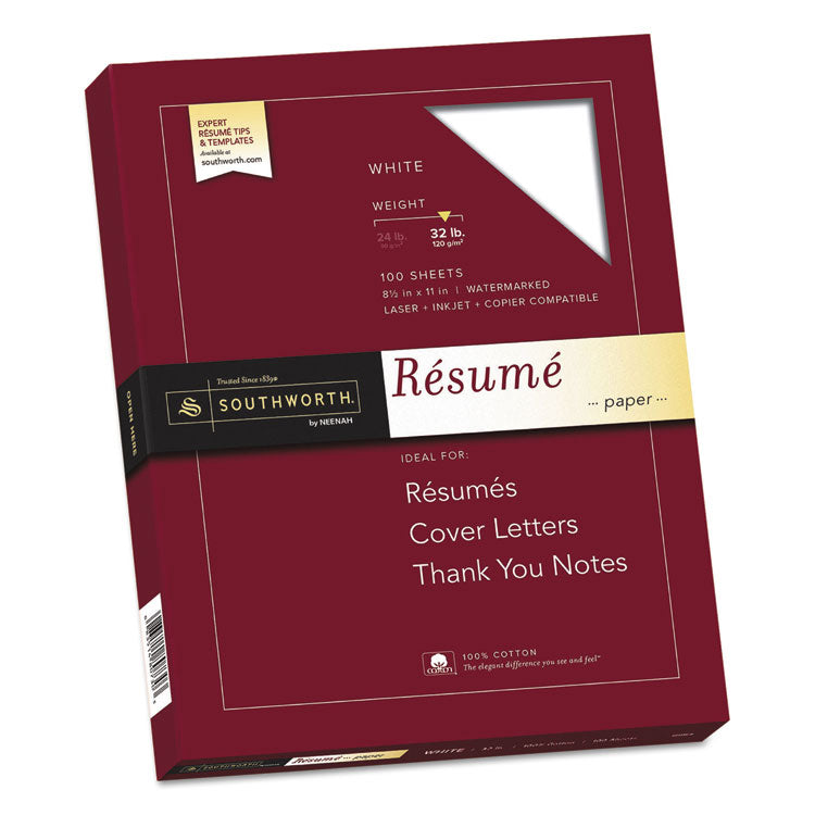 Southworth® 100% Cotton Resume Paper, 95 Bright, 32 lb Bond Weight, 8.5 x 11, White, 100/Pack (SOURD18CF) Each