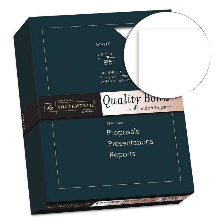 Southworth® Quality Bond Business Paper, 95 Bright, 20 lb Bond Weight, 8.5 x 11, White, 500/Ream (SOU3162010) Box of 500