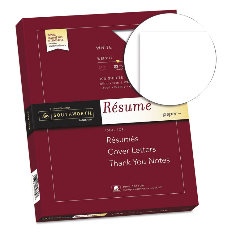 Southworth® 100% Cotton Resume Paper, 95 Bright, 32 lb Bond Weight, 8.5 x 11, White, 100/Pack (SOURD18CF) Each