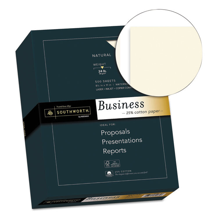 Southworth® 25% Cotton Business Paper, 24 lb Bond Weight, 8.5 x 11, Natural, 500 Sheets/Ream (SOU404NC) Each