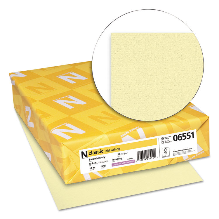 Neenah Paper CLASSIC Laid Stationery Writing Paper, 24 lb Bond Weight, 8.5 x 11, Baronial Ivory, 500/Ream (NEE06551)