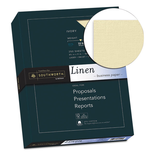 Southworth® 25% Cotton Linen Business Paper, 32 lb Bond Weight, 8.5 x 11, Ivory, 250/Pack (SOUJ568C)