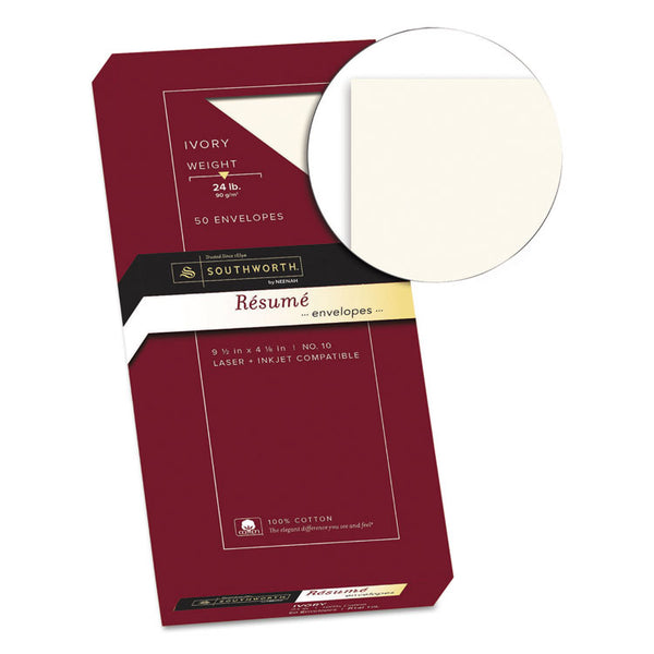Southworth® 100% Cotton Resume Envelope, #10, Commercial Flap, Gummed Closure, 4.13 x 9.5, Ivory, 50/Box (SOUR14I10L)