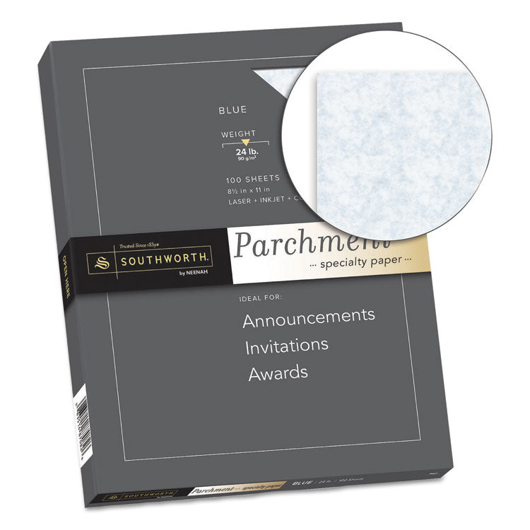 Southworth® Parchment Specialty Paper, 24 lb Bond Weight, 8.5 x 11, Blue, 100/Pack (SOUP964CK336) Box of 100