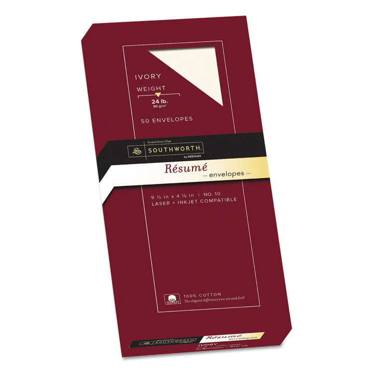 Southworth® 100% Cotton Resume Envelope, #10, Commercial Flap, Gummed Closure, 4.13 x 9.5, Ivory, 50/Box (SOUR14I10L) Box of 50