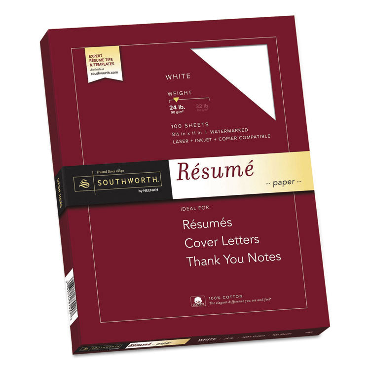 Southworth® 100% Cotton Resume Paper, 95 Bright, 24 lb Bond Weight, 8.5 x 11, White, 100/Pack (SOUR14CF) Each