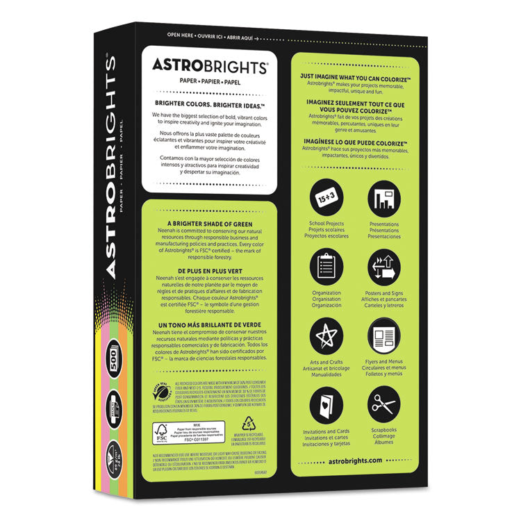 Astrobrights® Color Paper - "Neon" Assortment, 24 lb Bond Weight, 8.5 x 11, Assorted Neon Colors, 500/Ream (WAU20270) 1 Ream