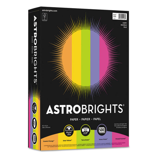 Astrobrights® Color Paper - "Happy" Assortment, 24 lb Bond Weight, 8.5 x 11, Assorted Happy Colors, 500/Ream (WAU21289)