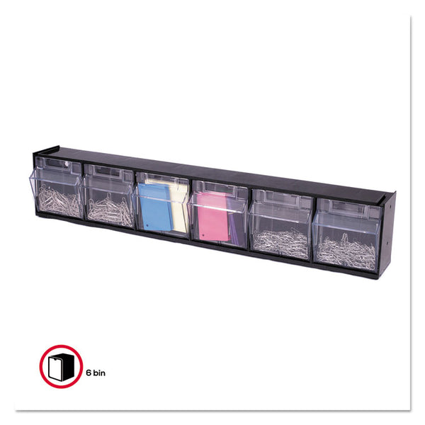 deflecto® Tilt Bin Interlocking Multi-Bin Storage Organizer, 6 Sections, 23.63" x 3.63" x 4.5", Black/Clear (DEF20604OP) Each