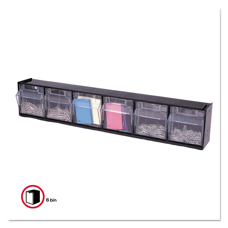 deflecto® Tilt Bin Interlocking Multi-Bin Storage Organizer, 6 Sections, 23.63" x 3.63" x 4.5", Black/Clear (DEF20604OP) Each