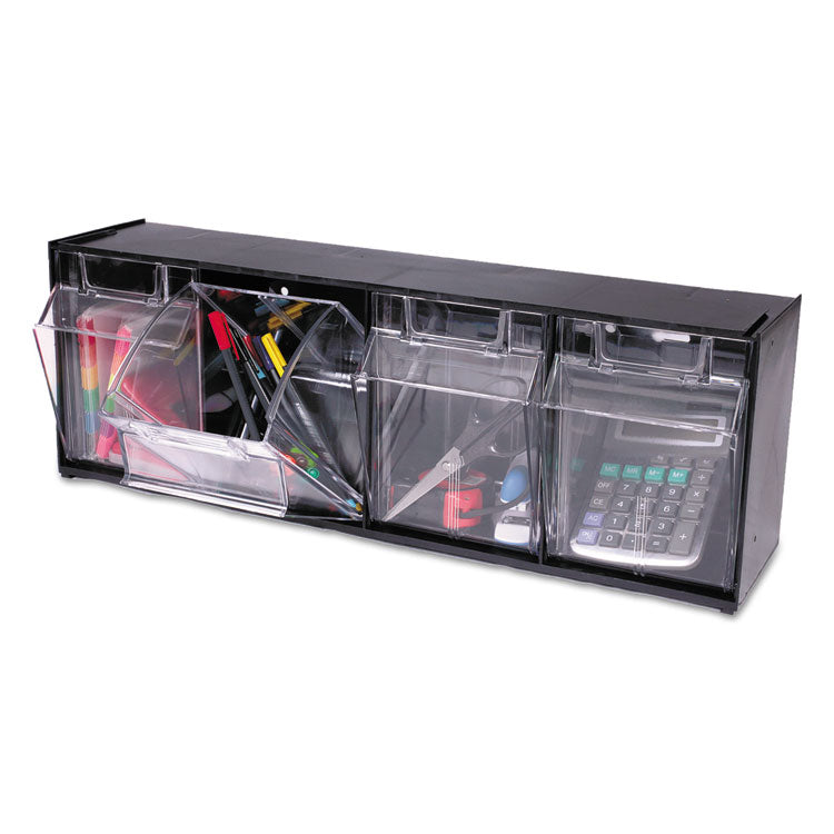 deflecto® Tilt Bin Interlocking Multi-Bin Storage Organizer, 4 Sections, 23.63" x 6.63" x 8.13", Black/Clear (DEF20404OP) Each
