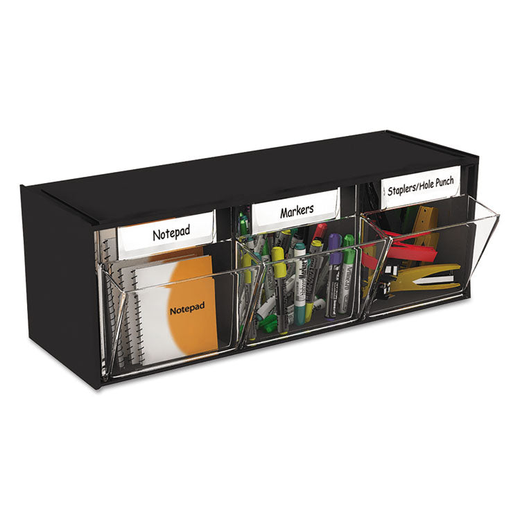 deflecto® Tilt Bin Interlocking Multi-Bin Storage Organizer, 3 Sections, 23.63" x 7.75" x 9.5", Black/Clear (DEF20304OP) Each