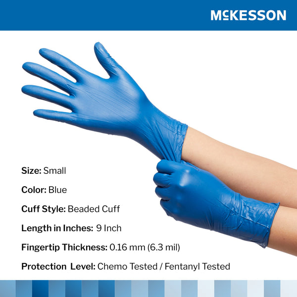 McKesson Confiderm® 6.8C Exam Glove Small NonSterile Nitrile Standard Cuff Length Textured Fingertips Blue Chemo Tested / Fentanyl Tested (1163939_BX) 100/BX