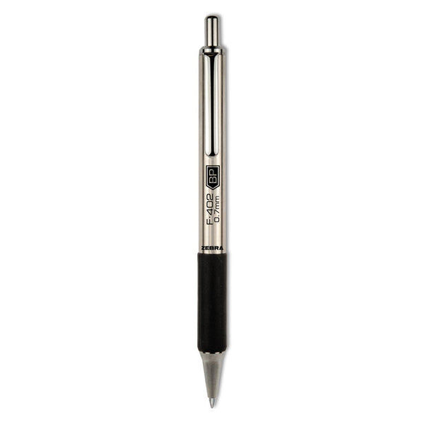 Zebra® F-402 Ballpoint Pen, Retractable, Fine 0.7 mm, Black Ink, Stainless Steel/Black Barrel (ZEB29210)
