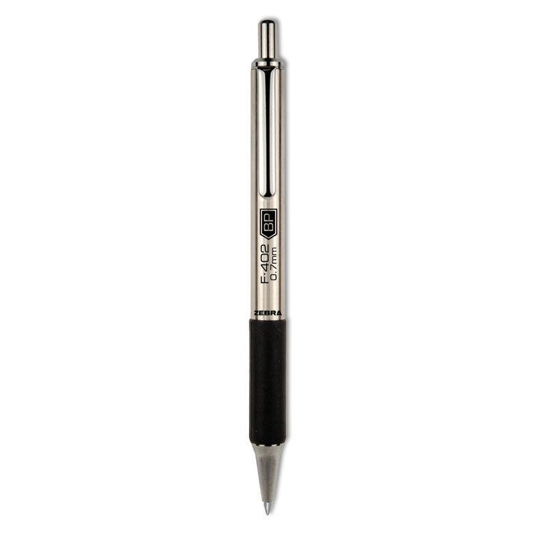Zebra® F-402 Ballpoint Pen, Retractable, Fine 0.7 mm, Black Ink, Stainless Steel/Black Barrel (ZEB29210) Each