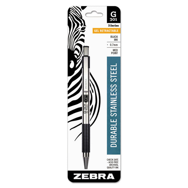 Zebra® G-301 Gel Pen, Retractable, Medium 0.7 mm, Black Ink, Stainless Steel/Black Barrel (ZEB41311)