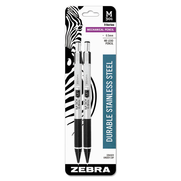Zebra® M-301 Mechanical Pencil, 0.5 mm, HB (#2), Black Lead, Silver/Black Barrel, 2/Pack (ZEB54012)