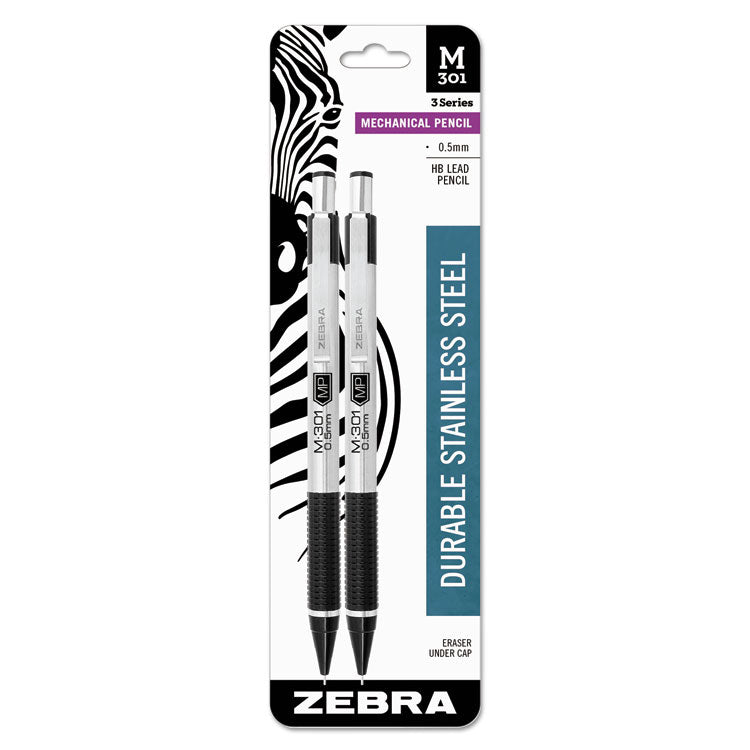 Zebra® M-301 Mechanical Pencil, 0.5 mm, HB (#2), Black Lead, Silver/Black Barrel, 2/Pack (ZEB54012)