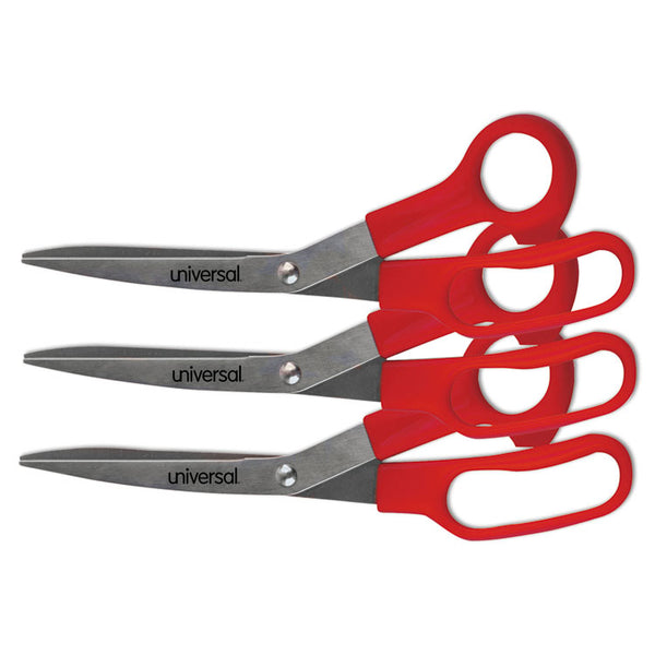 Universal® General Purpose Stainless Steel Scissors, 7.75" Long, 3" Cut Length, Red Offset Handles, 3/Pack (UNV92019)