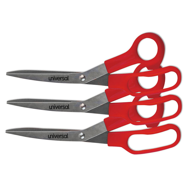 Universal® General Purpose Stainless Steel Scissors, 7.75" Long, 3" Cut Length, Red Offset Handles, 3/Pack (UNV92019) Pack of 3
