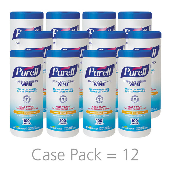 PURELL® Premoistened Hand Sanitizing Wipes, 5.78 x 7, Fresh Citrus, White, 100/Canister, 12 Canisters/Carton (GOJ911112CT)