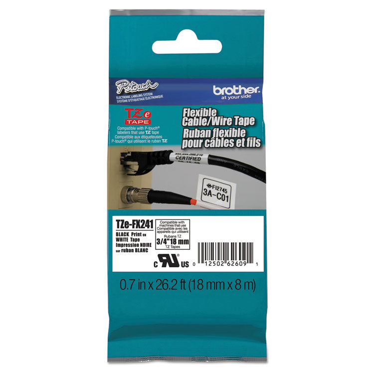 Brother P-Touch® TZe Flexible Tape Cartridge for P-Touch Labelers, 0.7" x 26.2 ft, Black on White (BRTTZEFX241) Each