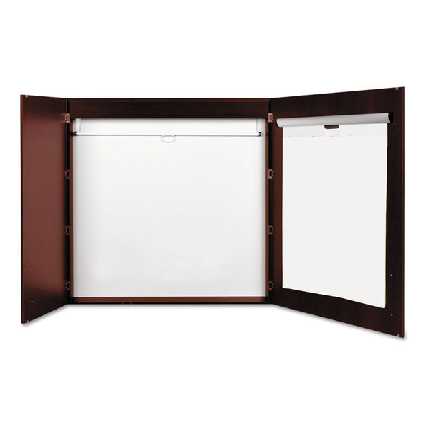 MasterVision® Conference Cabinet, Porcelain Magnetic Dry Erase Board, 48 x 48, White Surface, Cherry Wood Frame (BVCCAB01010130) Each