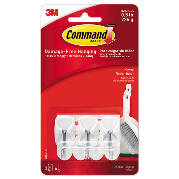 Command™ General Purpose Wire Hooks, Small, Metal, White, 0.5 lb Capacity, 3 Hooks and 4 Strips/Pack (MMM17067ES)