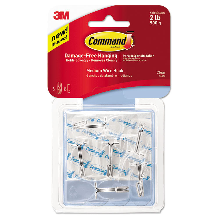 Command™ Clear Hooks and Strips, Medium, Plastic, 2 lb Capacity, 6 Hooks and 8 Strips/Pack (MMM17065CLRVPES)