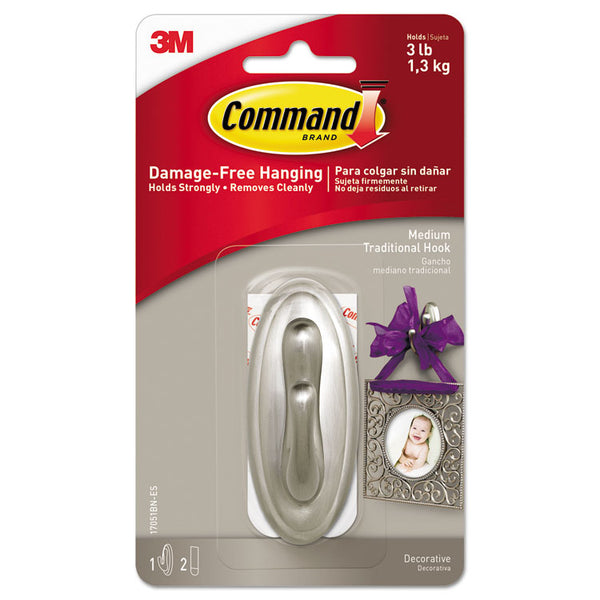 Command™ Decorative Hooks, Traditional, Medium, Plastic, Brushed Nickel, 3 lb Capacity, 1 Hook and 2 Strips/Pack (MMM17051BNES)