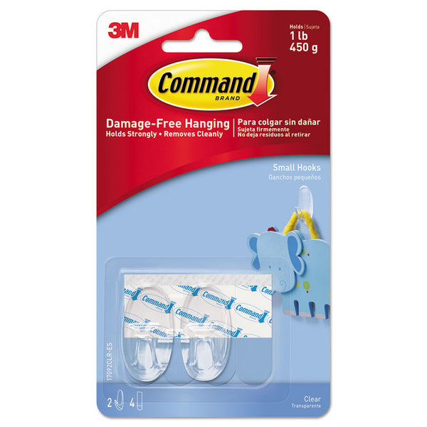 Command™ Clear Hooks and Strips, Small, Plastic, 1 lb Capacity, 2 Hooks and 4 Strips/Pack (MMM17092CLRES)