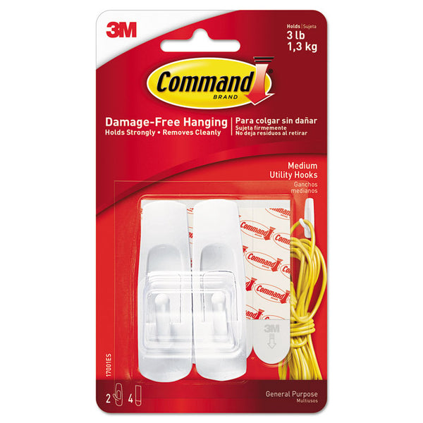 Command™ General Purpose Hooks, Medium, Plastic, White, 3 lb Capacity, 2 Hooks and 4 Strips/Pack (MMM17001ES)