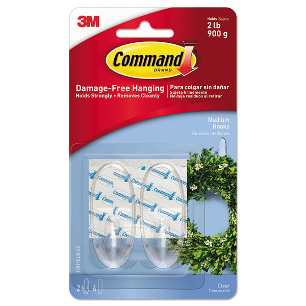 Command™ Clear Hooks and Strips, Medium, Plastic, 2 lb Capacity, 2 Hooks and 4 Strips/Pack (MMM17091CLRES)